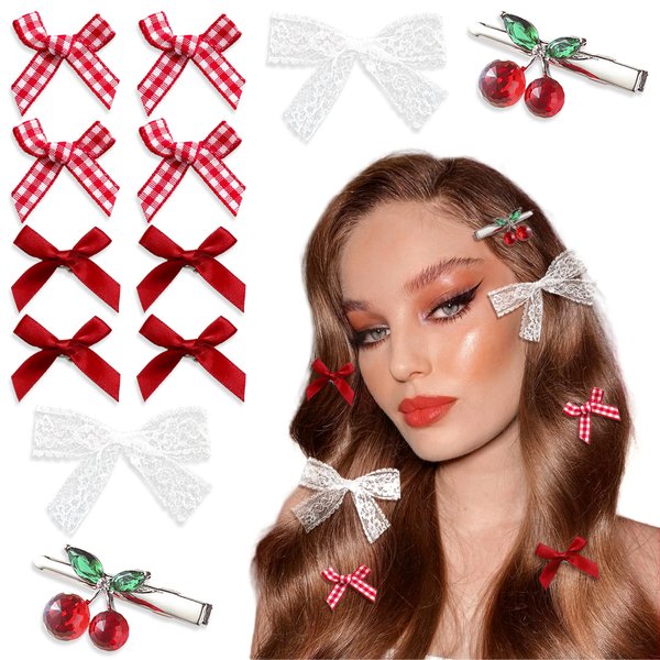 YAEISM Red Bow Hair Clips 12PCS Coquette Bows Cherry Hair Pins Lace Hair Bows Plaid Mini Bow Clips Cute Gingham Hair Bow Y2k Hair Clips for Girls Women