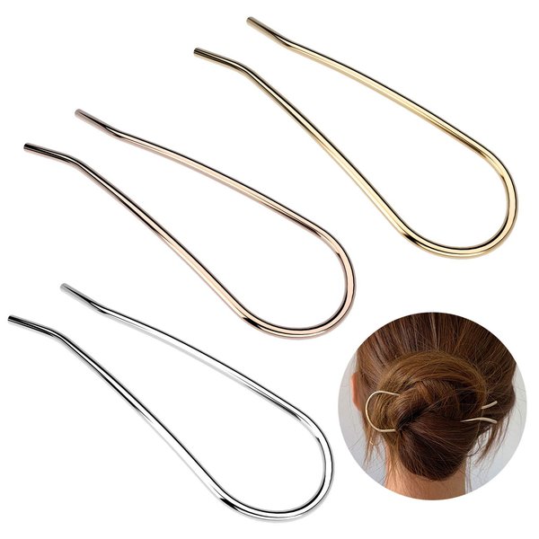 HYFEEL Metal Hair Fork 4.6 inch Simple U Shape Updo Hair Sticks Alloy Gold-plated 2 Prong Bun Hair Pins Clips Grips for Women Thick Hair Styling Tool Accessories, 3 Pack
