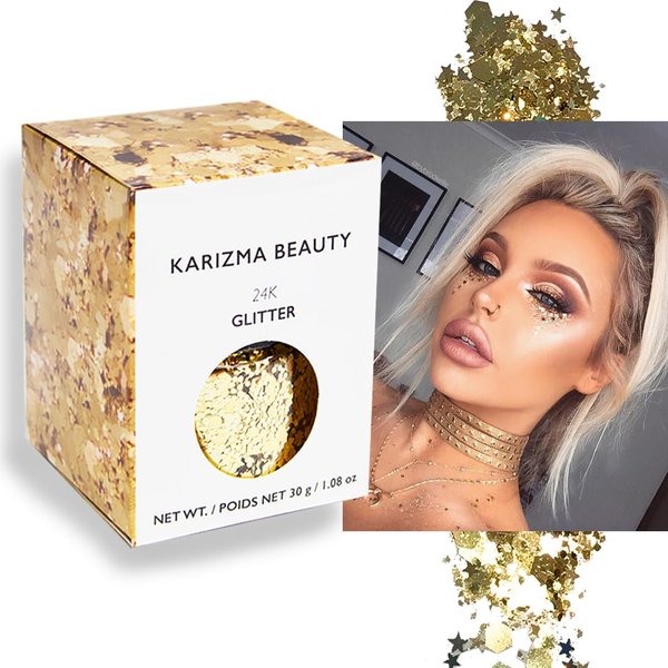 KARIZMA 24K Gold Glitter. 30g Chunky Face Glitter, Hair Glitter, Eye Glitter and Body Glitter for Women. Rave Glitter, Festival Accessories, Cosmetic Glitter Makeup. Loose Glitter Set