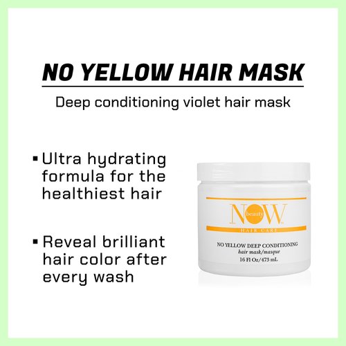 NOW BEAUTY No Yellow Deep Conditioning Hair Mask - Purple & Regenerating Hair Mask for Dry Damaged & Color-treated, Blonde Hair - Vegan - Color Safe - Paraben & Sulfate Free - For Men & Women - 16 oz
