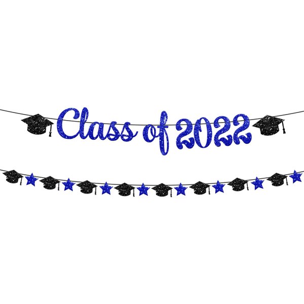 Class of 2022 Banner Glitter - 10 Feet, No DIY, 2 Strings | Graduation Banner, Class of 2022 Decorations | Blue and Black Graduation Decorations 2022 | Black and Blue Graduation Party Decorations 2022
