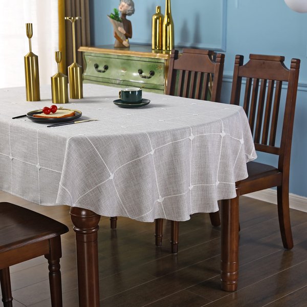 QsyyHome Lattice Oval Tablecloth Rustic Embroidery Cotton Linen Fabric Brown Checkered Table Cover Tablecloths for Kitchen Dining Party Tabletop Decoration 60 x 84 inches