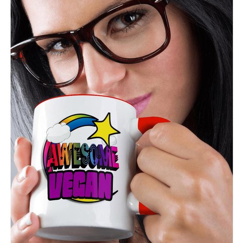 3dRose mug_201442_5 Shooting Star Rainbow Awesome Vegan - Two Tone Red Mug, 11oz