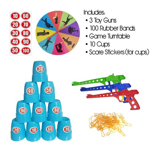 Gamie Shooting Competition Game for Kids - Includes 3 Toy Guns, 100 Rubber Bands, 10 Cups, Game Turntable, Score Stickers and Instructions - Fun Target Practice Game for Boys and Girls