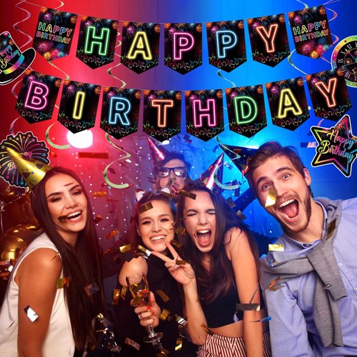 Neon Happy Birthday Banner - 10PCS Pre-Strung Neon Happy Birthday Decorations Men Women Girls Hanging Swirls Decorations Supplies Birthday Party Decor Birthday Party Supplies Photo Props