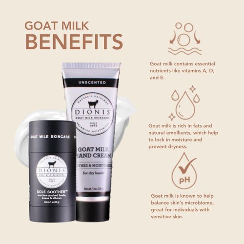 Dionis Goat Milk Skincare Hand & Foot Gift Set, Non-Greasy Formula, Moisturize & Restore Dry Hands, Heels, Knees & Elbows, 1 oz Unscented Hand Cream & 1 oz Mint & Tea Tree Oil Travel Size Heel Balm