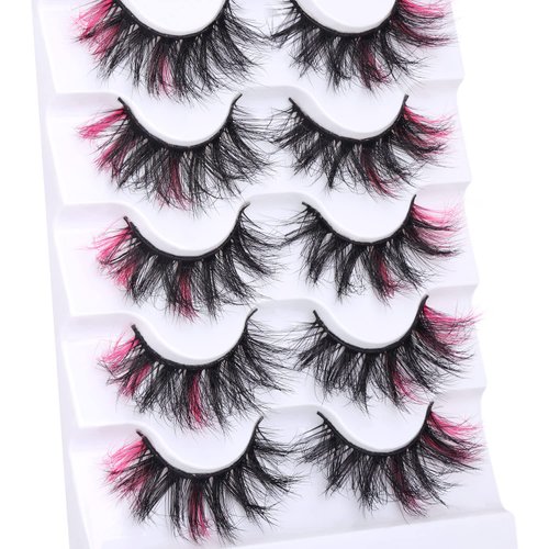 False Eyelashes with Color Deep Pink Color Lashes Fluffy Faux Mink Lashes Cat Eye Dramatic Color Eyelashes Party Long Strip Lashes Pack