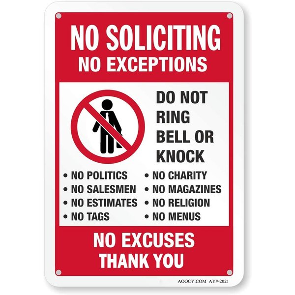 No Soliciting Sign, Funny Decor for House Door Office Business Yard,Metal Aluminum Rust Free, No Excuses, No Exceptions Do Not Ring Bell No Knock Sign - 7" x 9.8", Pre-Drilled Holes, Weather Resistant