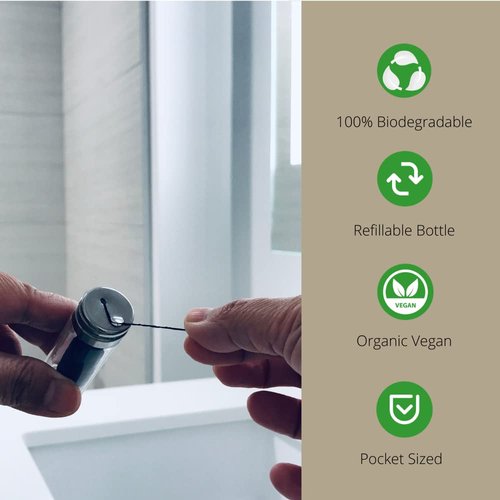 EcoLuxe Bamboo Charcoal Infused Dental Floss, Mint Flavor in refillable Glass Container with Stainless Steel Razor Sharp Removable lid.