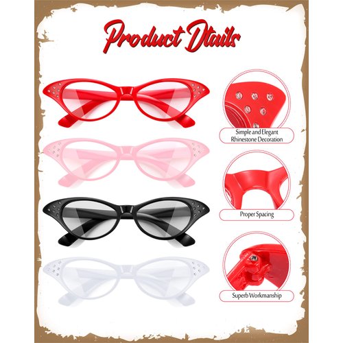 JOVITEC 4 Pieces Cat Eye Glasses with Rhinestones 50's 60's Party Costume Glasses for Hip Hop Dress up Halloween Party Favor (Red, Black, White, Pink)