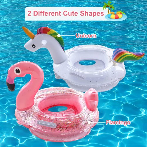 Fudragtn Inflatable Flamingo Unicorn Pool Floats for Kids, 2 Pack Swim Rings with Safety Seat and Handle, Pool Tubes for Floating, Fun Beach Floaties, Summer Party Pool Toys for Toddlers