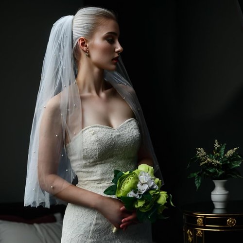 azaleas Wedding Bridal Veil with Comb 1 Tier Cut Edge Fingertip&Cathedral Length Pearl(V05)