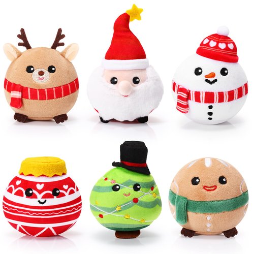 Suilung 6 Pcs Christmas Plush Ornaments Stuffed Santa Snowman Elk Gingerbread Man Xmas Tree Ball Decorations for Winter Holiday Hanging Decor Birthday Party Supplies, 4 Inches