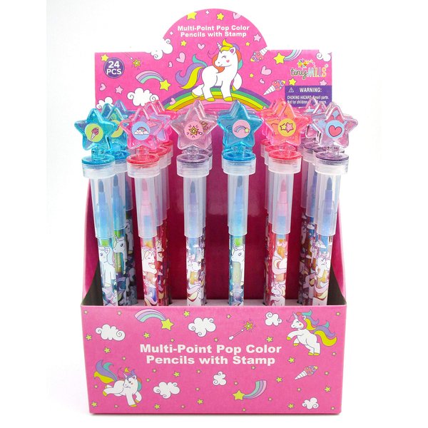 TINYMILLS 24 Pcs Unicorn Rainbow 2 in 1 Stacking Crayons with Stamp Topper, Kids Party Favors, Pinata Fillers for Girls Birthday Party, Goodie Bag Stuffers, Classroom Prizes Rewards