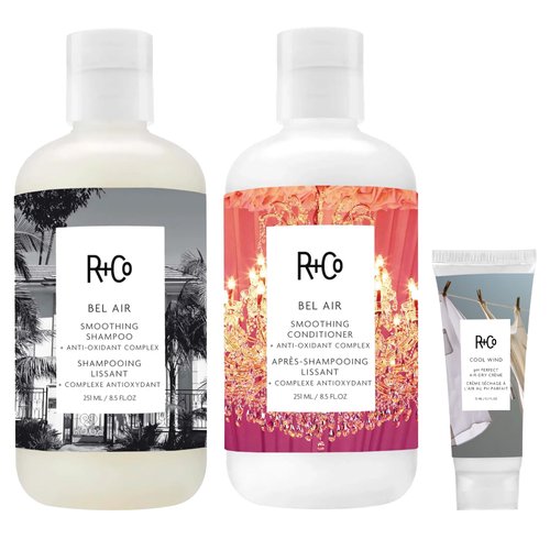 R+Co Bel Air Smoothing Shampoo and Conditioner Set (8.5 Oz) + Bonus R+Co Cool Wind pH Perfect Air Dry Creme Travel Size (0.5 Oz) | Body + Shine + Smoothing for All Hair Types | Vegan + Cruelty-Free |