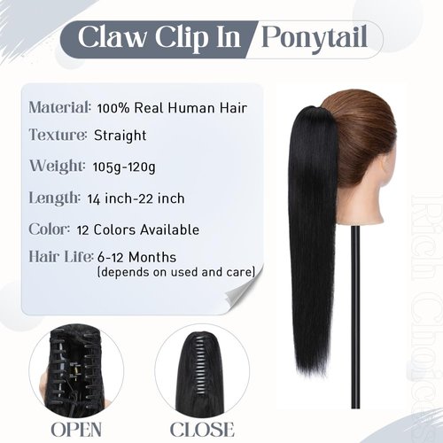 Rich Choices Claw Clip Ponytail Extension Human Hair Real Hair Ponytail Extension Balayage Jet Black 20 Inch 120g One Piece Clip In Long Ponytail Hair Extensions Straight For Women #1
