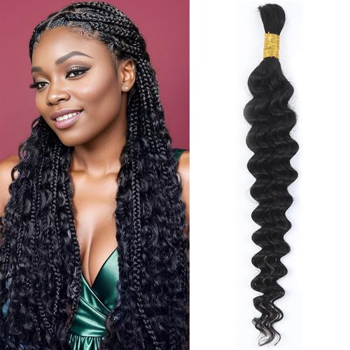 Human Hair for boho Braids 26 Inch 1 Bundles Deep Wave Bulk Human Braiding Hair 10A Brazilian Virgin Human Hair Extensions for Boho Braids Wet and Wavy Human Braiding Hair Black