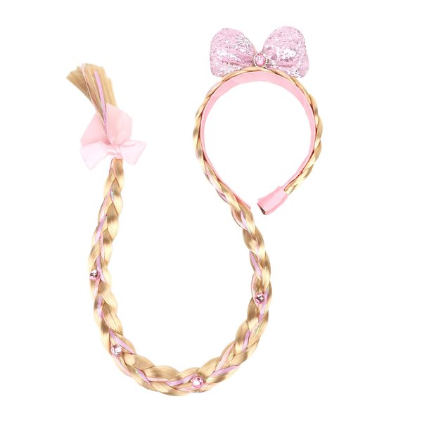 YISSION Princess Dess up Wigs Headband for Girls Long Braided Wig Headband with Pink Bow Costume Accessories Cosplay Birthday Party Hair Decorations