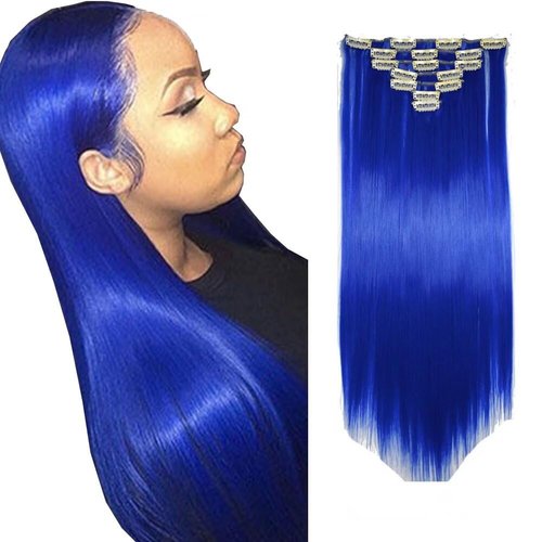 iLUU Fashion Blue Synthetic Heat Resistent Fiber Clip on Hair Extension 100g 22" 7pcs/16clips/pack Long Full Head Clip in Straight Hair Extensions for Women Girl Lady