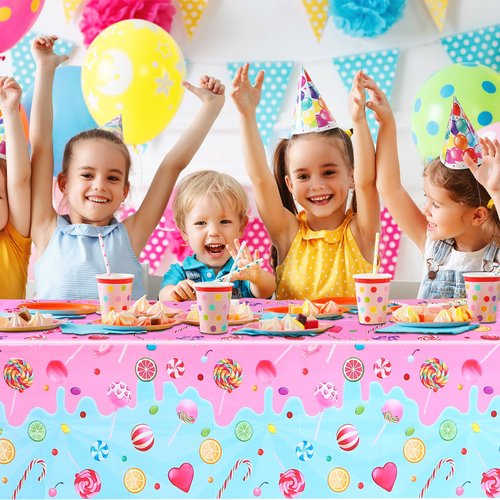 Fanfanwin 4 Pieces Candyland Plastic Tablecloth Candyland Party Decorations Candyland Table Cover Colorful Lollipop Table Covers for Candy Land Birthday Baby Shower Party Supplies