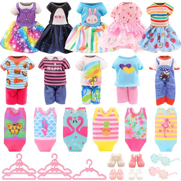 Miunana 19 Pcs 5.3 Inch Doll Clothes and Accessories - 3 Dresses, 3 Outfits, 3 Swimsuits, 3 Shoes, 2 Sunglasses, 5 Outfits Hangers