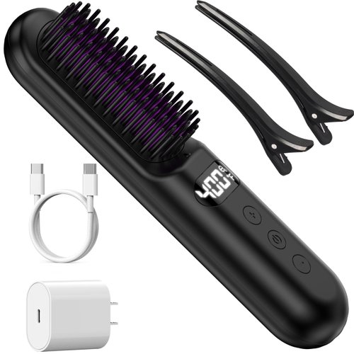 Cordless Hair Straightener Brush Electric Hair Straightening Comb Rechargeable 10000mAh Battery Powered Portable Hair Straightener Ionic Thermal Wireless Hot Hair Brush Heat Comb (Black)