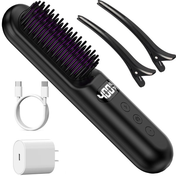 Cordless Hair Straightener Brush Electric Hair Straightening Comb Rechargeable 10000mAh Battery Powered Portable Hair Straightener Ionic Thermal Wireless Hot Hair Brush Heat Comb (Black)