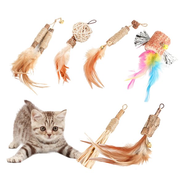 AiduduPet Cat Feather Toys Refills Cat Wand Replacement 6Pcs,Cat Teaser Wand Refills with Feather and Silvervine Sticks for Indoor Cat Chew Toy,Interactive Cat Wand Toy Refills