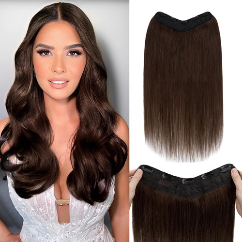 Benehair V Shaped One Piece Clip in Hair Extensions Real Human Hair 3/4 Full Head Weft Thicker Hair Lace Net One Piece Hair Extensions with 5 Clips (16"-65g #4 Medium Brown)