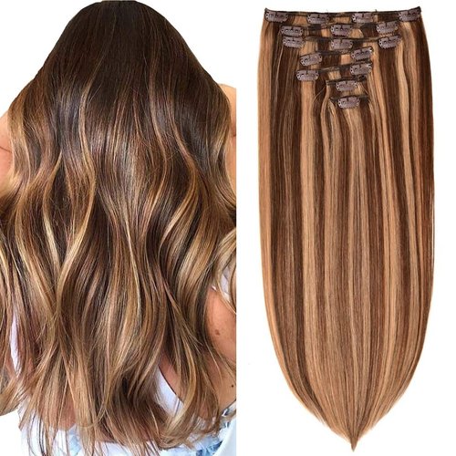 Clip in Hair Extensions Real Human Hair 120g 7pcs Human Hair Clip in Extensions 14 Inch Chocolate Brown to Light Blonde #4/27 Thickened Straight Real Hair Extensions Clip in Human Hair