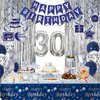 30th Birthday Decorations for Him, Blue and Silver 30th Birthday Party Decorations for Men, Happy Birthday Banner 30th Birthday Balloons Tablecloth Fringe Curtains Hanging Swirls Bday Party Supplies