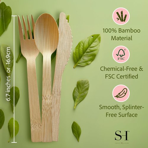 SWEET HOME Bamboo Utensils Disposable Set of 180 pcs 70 Forks 40 Spoons and 70 knives 100% Compostable - Bamboo Biodegradable Utensils Eco-Friendly Cutlery for Party Camping Travel & More
