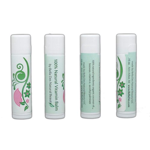 Natural Vitamin Lip Balm | Set of 4 balms | 100% Natural Ingredients | Soothe and Moisturize Chapped Lips and Skin | Organic Coconut Oil, Beeswax, Vitamin E, Vitamin C | by Bella Des Natural Beauty