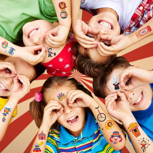 Circus Temporary Tattoos - Animal Clown Magical Circus Birthday Decorations Carnival Party Favors Supplies Gift Idea Holiday Festival For Boy Girls