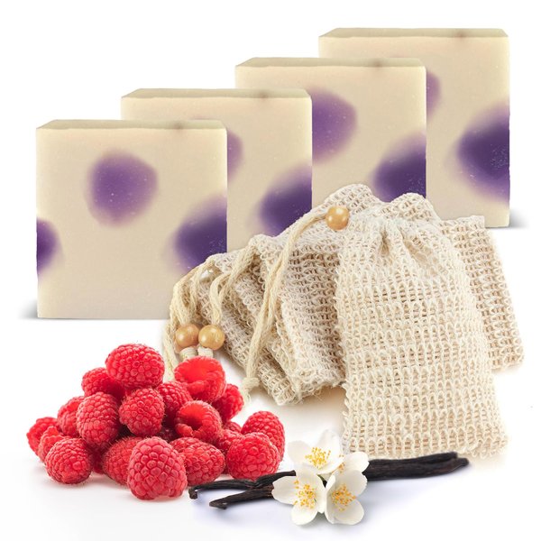 Age of Sage Natural Soap Bar w/Sisal Bag, Vegan Artisan Soap Bar Set for Women, Body Soap in Bar Soap Pouch, Natural Bath Soaps w/Essential Oils, 4 Plain Body Soap Bars, Raspberry Vanilla