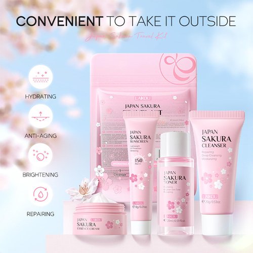 Sakura Travel Skincare Set for Teenage Girls - Face Routine Set for Women,4 Piece Gentle Skin Cleaning & Care Travel Size Kit With Cleanser, Toner, sunscreen and Face Cream
