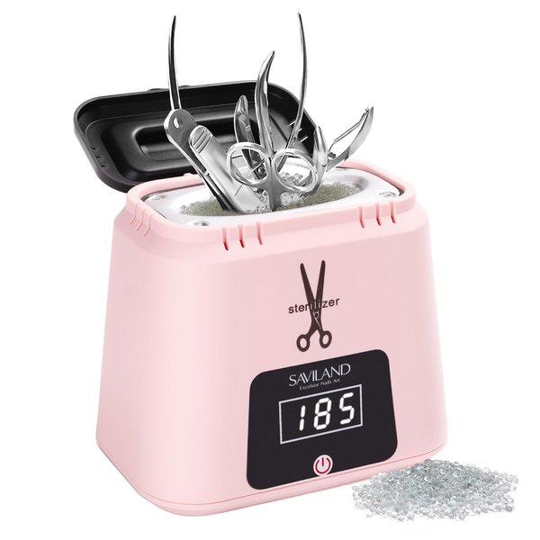 SAVILAND Nail Tool Sterilizer Electric: High-Temperature 365℉ Sterilizer for Nail Tools Portable Pink Nail Sterilizer with Glass Beads to Sterilize Any Metal Tools Salon & Esthetician Supplies