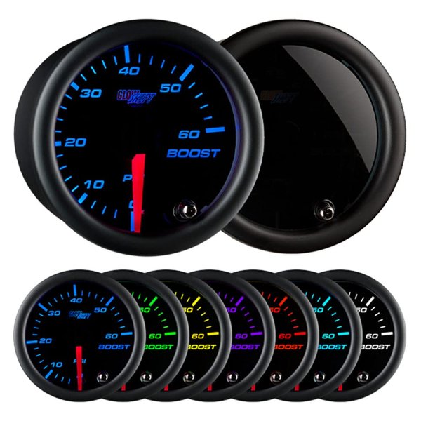GlowShift Tinted 7 Color 60 PSI Turbo Boost Gauge Kit - Includes Mechanical Hose & Fittings - Black Dial - Smoked Lens - for Diesel Trucks - 2-1/16" 52mm