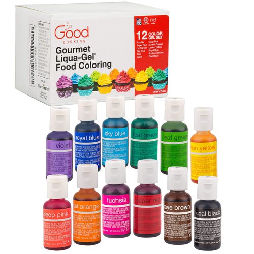 Food Coloring Liqua-Gel 12 PK Rainbow Color Kit .75 fl. oz (22mL) Bottles - For Holidays, Baking, Arts & Crafts, Decorating, Fondant, Frosting, Chocolate, Cooking, DIY Slime & More - Made in USA