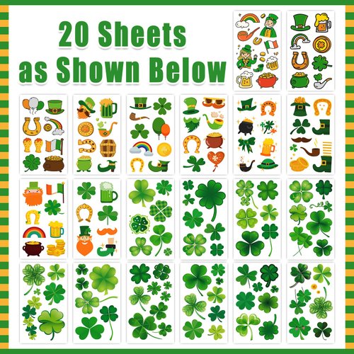 Partywind 20 Sheets St Patrick's Day Tattoos for Kids Gifts, 156 Styles Saint Patrick's Day Irish Decorations Accessories, Shamrock Tattoos Stickers Party Supplies for Green Day Party Games