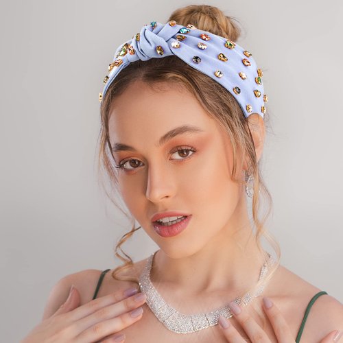 YISSION 1PC Crystal Knotted Headband for Women Non Slip Rhinestone Headband Blue Head Band Fashion Wide Headbands Hair Accessories for Women Girls
