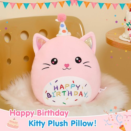 Houwsbaby 14" Pink Birthday Cat Plush Pillow Toy,Creative Cat Stuffed Animal,Super Squishy Cute Cat Shaped Birthday Gift, Party Decoration for Kids and Adults