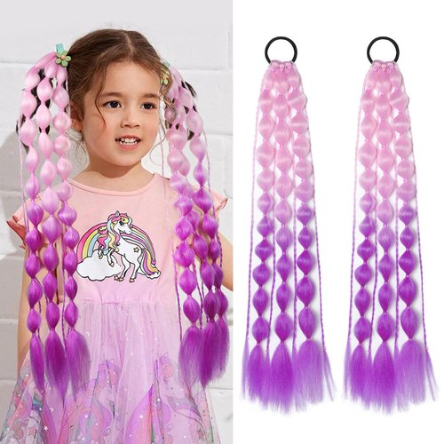 Colored Hair Extensions, Behufun 2Pcs 20" Lightweight Colored Hair Extensions for Kids Bubble Ponytail Extension with Hair Tie, Ombre Crazy Hair Day Accessories for Girls Festival Rave B42