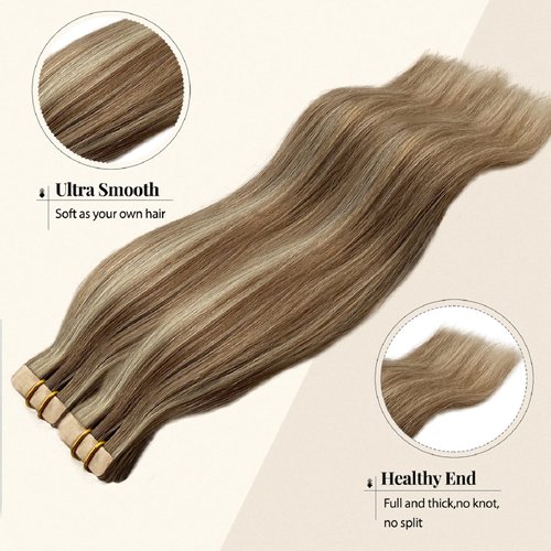Belaved Tape in Hair Extensions Human Hair Color 8 Ash Brown Fading to 60 and 18 Ash Blonde 50g/pack 20pcs Straight Seamless Skin Weft Tape in Real Human Hair Extensions 12inch #8/18/60