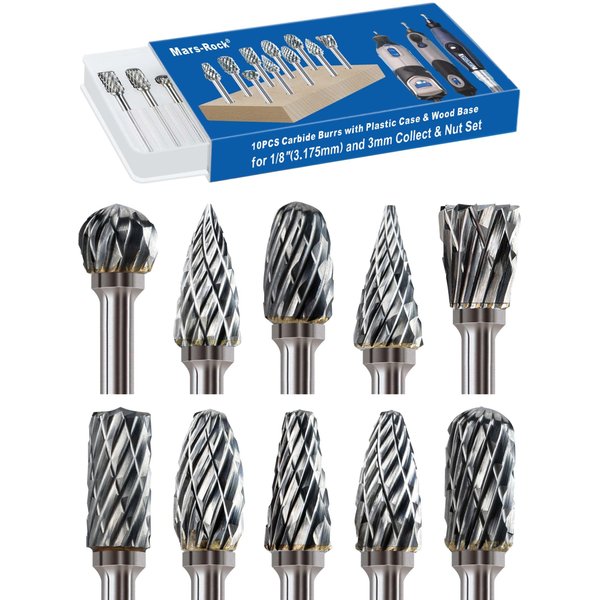 Mars-Rock Carbide Burr Set Compatible with Dremel Milwaukee 1/8" Shank 10PCS w/Wood Base Die Grinder Rotary Tool Rasp Bits Accessories Attachments Metal Wood Stone Plastic Carving Cutting Grinding
