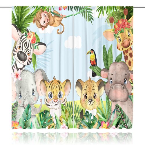 MESHELLY Kids Cartoon Safari Animals Curtains 42Wx63H Inch Rod Pocket Woodland Jungle Lion Elephant for Baby Boys Bedroom Decor Children Nursery Girls Playroom Window Drapes Fabric 2 Panels