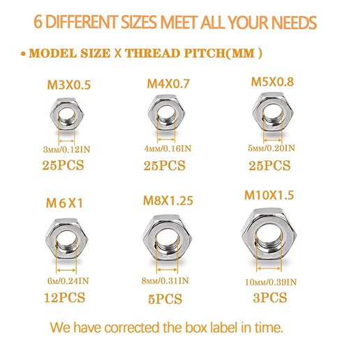 TWCC 95 PCS Assorted Stainless Steel Hex Nuts Assortment Kit M3 M4 M5 M6 M8 M10 Metric Hex Nut Set Hardware