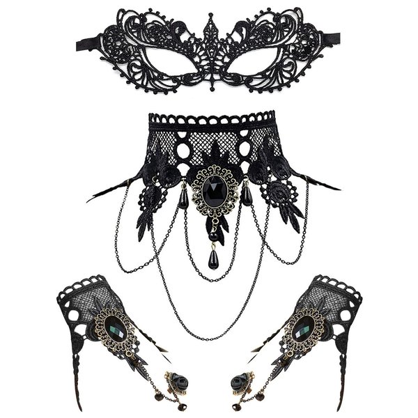 JewelryWe Masquerade Costume Set Lace Mask for Women Venetian Eye Mask Choker Set for Halloween Carnival Party Prom Ball