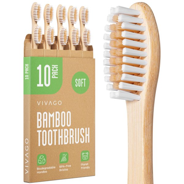 VIVAGO Biodegradable Bamboo Toothbrushes 10 Pack - BPA Free Soft Bristles Toothbrushes, Eco-Friendly, Compostable Natural Wooden Toothbrush