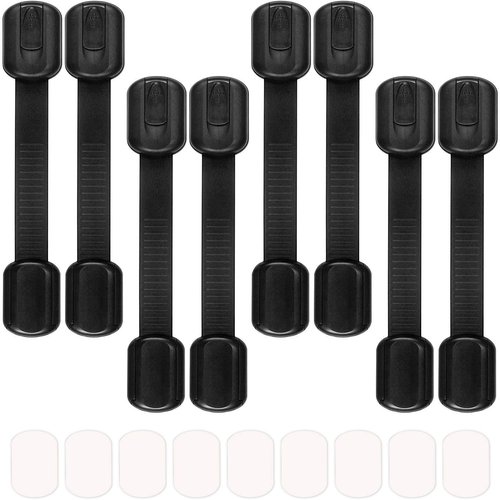 8 Pack Black Child/Baby Safety Cabinet Locks - Maveek Adjustable Strap Baby Proof Latches with No Trapped Fingers for Cupboard/Drawers/Closet/Toilet Seat/Oven and Fridge, Free 9 Extra Adhesive Pads